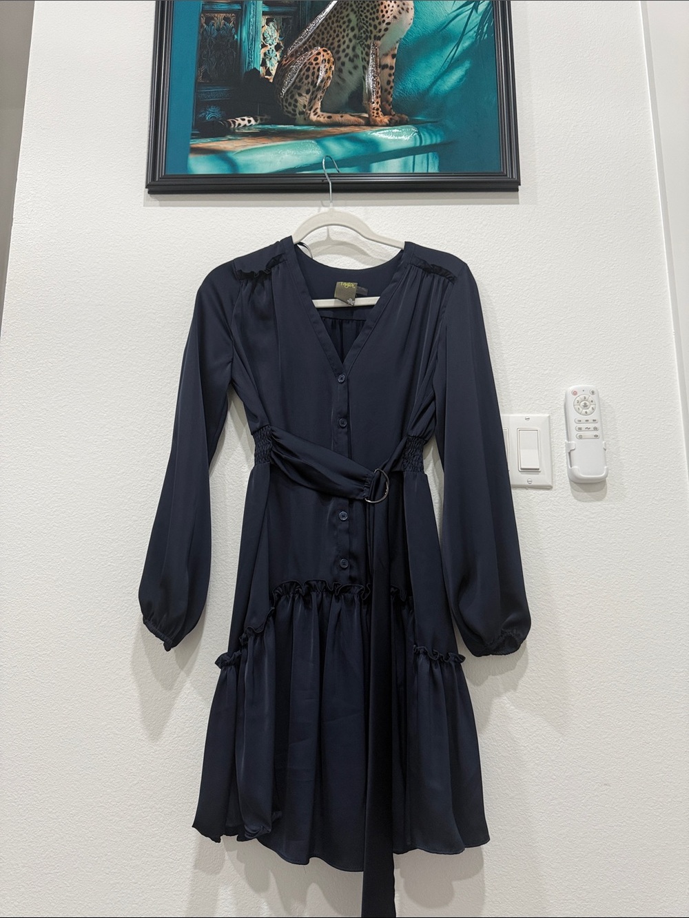 Taylor Navy Long-Sleeve Button Front Dress with Waist Tie
